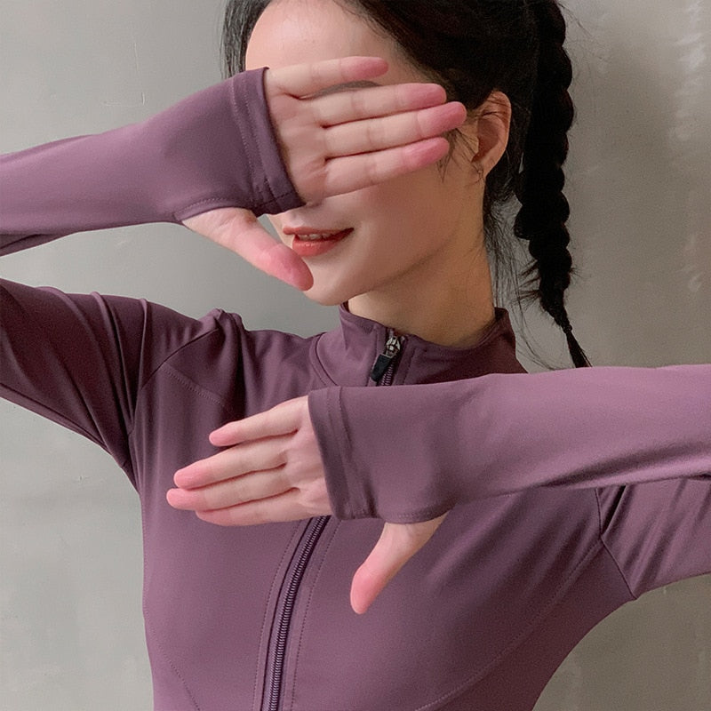 Quick Dry Womens Sport Yoga Hoodie With Half Zipper, Thumb Holes